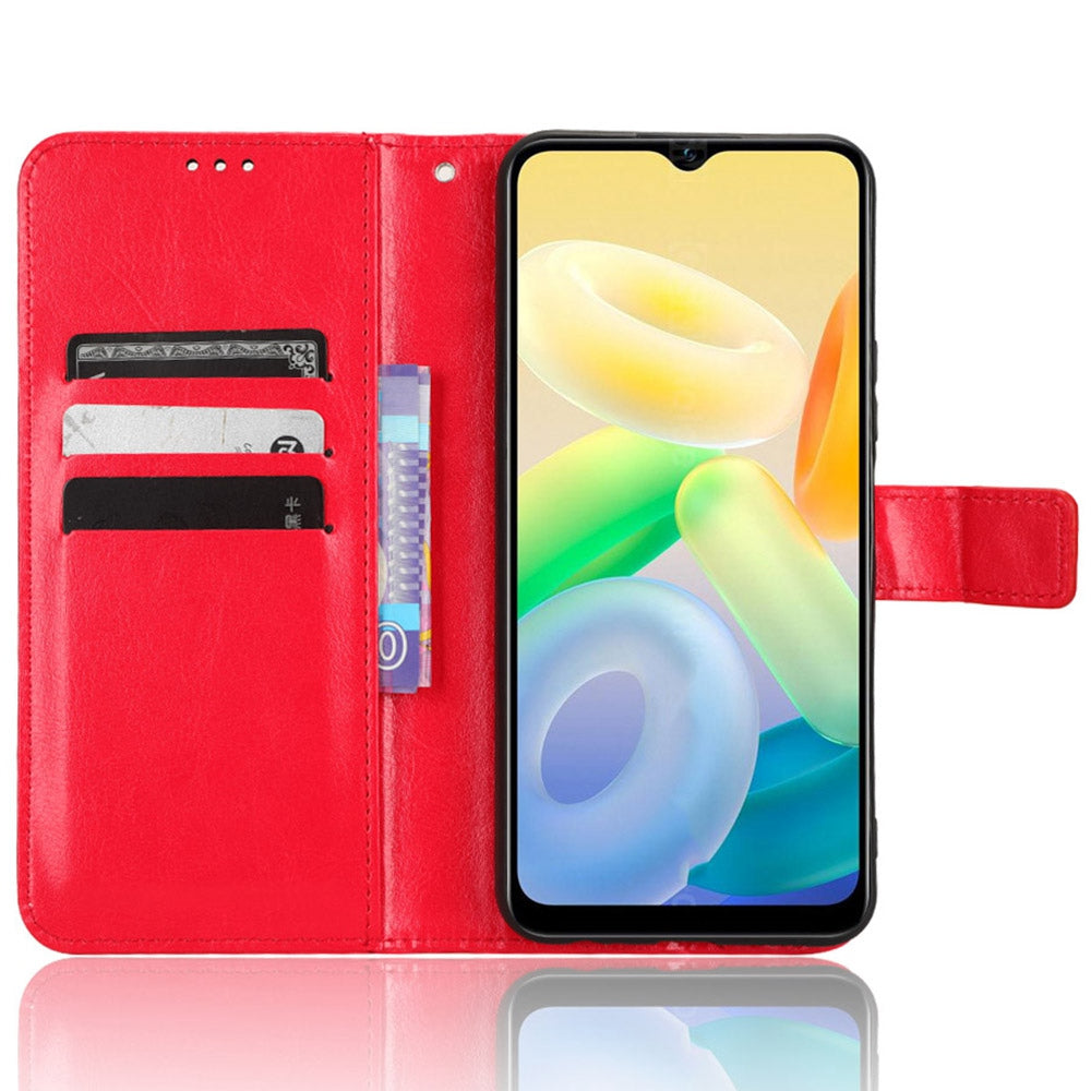 For vivo Y16 4G / Y02s 4G / Y35 5G / Y35m 5G / Y53t 5G / Y56 5G / iQOO Z7i / T2x (India) 5G Crazy Horse Texture PU Leather Anti-drop Anti-scratch Case Flip Stand Phone Wallet Cover - Red