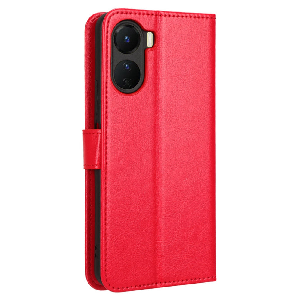 For vivo Y16 4G / Y02s 4G / Y35 5G / Y35m 5G / Y53t 5G / Y56 5G / iQOO Z7i / T2x (India) 5G Crazy Horse Texture PU Leather Anti-drop Anti-scratch Case Flip Stand Phone Wallet Cover - Red