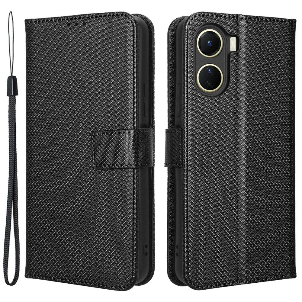 For vivo Y16 4G / Y02s 4G / Y35 5G / Y35m 5G / Y53t 5G / Y56 5G / iQOO Z7i / T2x (India) 5G Diamond Texture Phone Wallet Cover Folio Flip PU Leather+TPU Foldable Stand Case - Black