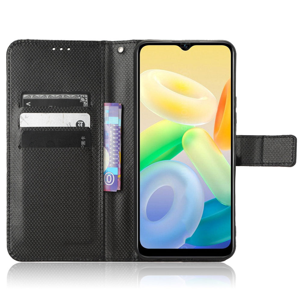 For vivo Y16 4G / Y02s 4G / Y35 5G / Y35m 5G / Y53t 5G / Y56 5G / iQOO Z7i / T2x (India) 5G Diamond Texture Phone Wallet Cover Folio Flip PU Leather+TPU Foldable Stand Case - Black