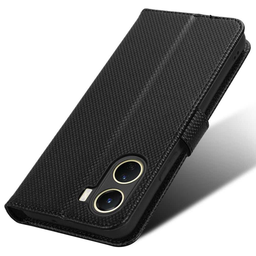 For vivo Y16 4G / Y02s 4G / Y35 5G / Y35m 5G / Y53t 5G / Y56 5G / iQOO Z7i / T2x (India) 5G Diamond Texture Phone Wallet Cover Folio Flip PU Leather+TPU Foldable Stand Case - Black