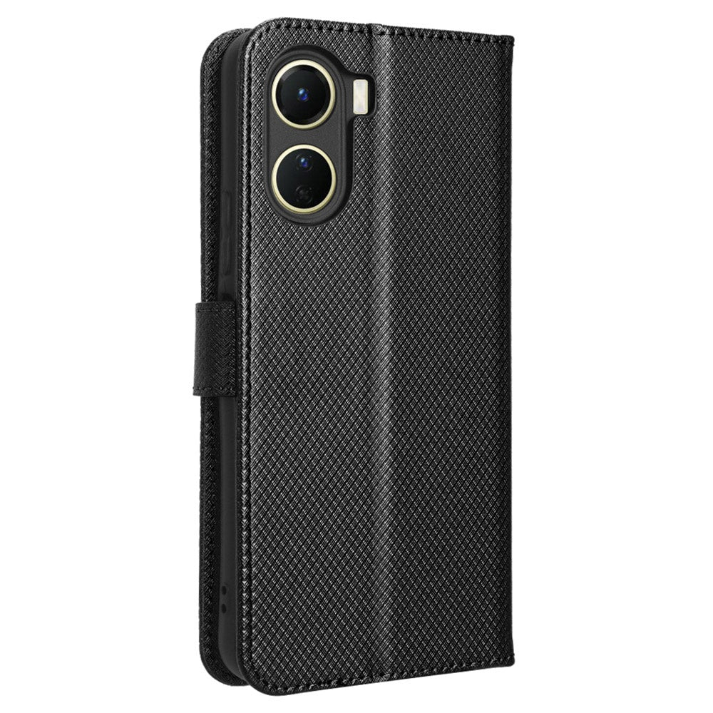 For vivo Y16 4G / Y02s 4G / Y35 5G / Y35m 5G / Y53t 5G / Y56 5G / iQOO Z7i / T2x (India) 5G Diamond Texture Phone Wallet Cover Folio Flip PU Leather+TPU Foldable Stand Case - Black