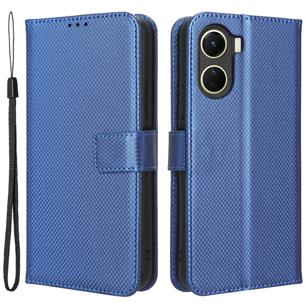 For vivo Y16 4G / Y02s 4G / Y35 5G / Y35m 5G / Y53t 5G / Y56 5G / iQOO Z7i / T2x (India) 5G Diamond Texture Phone Wallet Cover Folio Flip PU Leather+TPU Foldable Stand Case - Blue