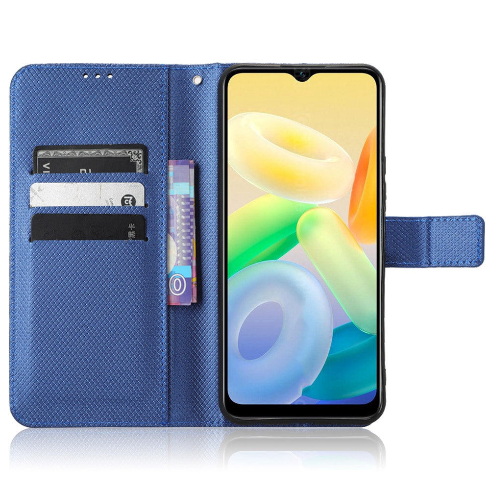 For vivo Y16 4G / Y02s 4G / Y35 5G / Y35m 5G / Y53t 5G / Y56 5G / iQOO Z7i / T2x (India) 5G Diamond Texture Phone Wallet Cover Folio Flip PU Leather+TPU Foldable Stand Case - Blue