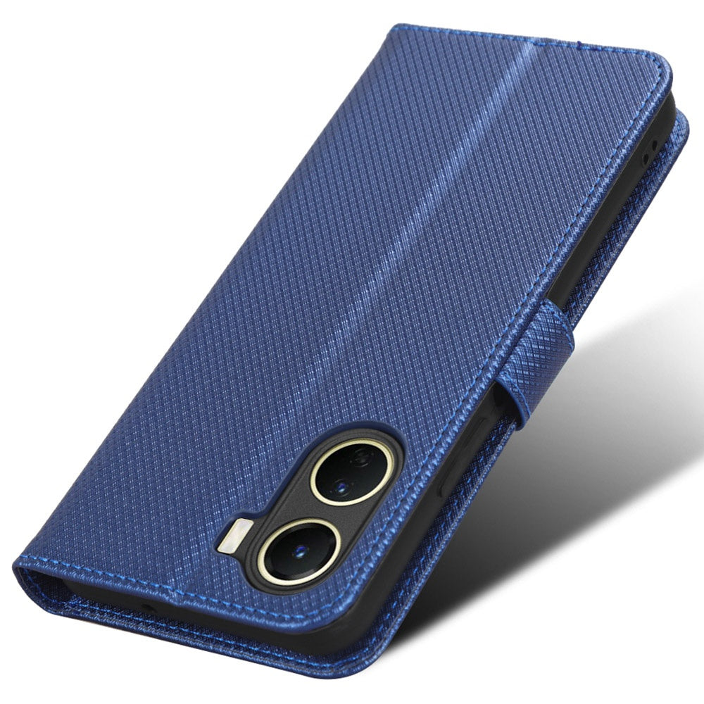 For vivo Y16 4G / Y02s 4G / Y35 5G / Y35m 5G / Y53t 5G / Y56 5G / iQOO Z7i / T2x (India) 5G Diamond Texture Phone Wallet Cover Folio Flip PU Leather+TPU Foldable Stand Case - Blue