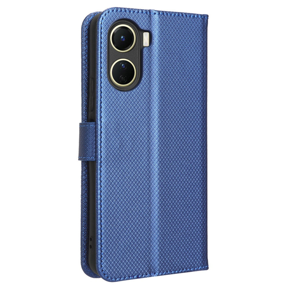 For vivo Y16 4G / Y02s 4G / Y35 5G / Y35m 5G / Y53t 5G / Y56 5G / iQOO Z7i / T2x (India) 5G Diamond Texture Phone Wallet Cover Folio Flip PU Leather+TPU Foldable Stand Case - Blue