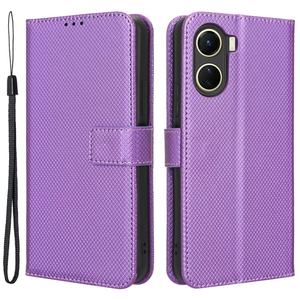 For vivo Y16 4G / Y02s 4G / Y35 5G / Y35m 5G / Y53t 5G / Y56 5G / iQOO Z7i / T2x (India) 5G Diamond Texture Phone Wallet Cover Folio Flip PU Leather+TPU Foldable Stand Case - Purple