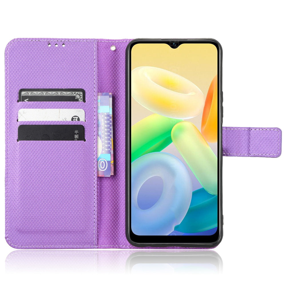 For vivo Y16 4G / Y02s 4G / Y35 5G / Y35m 5G / Y53t 5G / Y56 5G / iQOO Z7i / T2x (India) 5G Diamond Texture Phone Wallet Cover Folio Flip PU Leather+TPU Foldable Stand Case - Purple