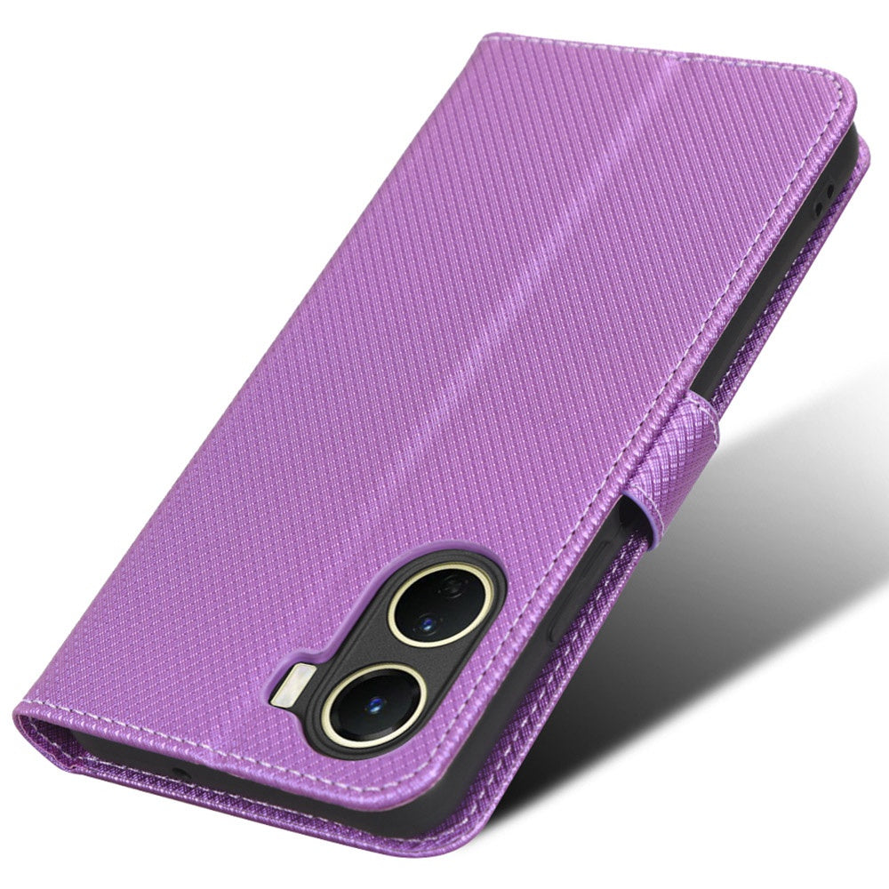 For vivo Y16 4G / Y02s 4G / Y35 5G / Y35m 5G / Y53t 5G / Y56 5G / iQOO Z7i / T2x (India) 5G Diamond Texture Phone Wallet Cover Folio Flip PU Leather+TPU Foldable Stand Case - Purple