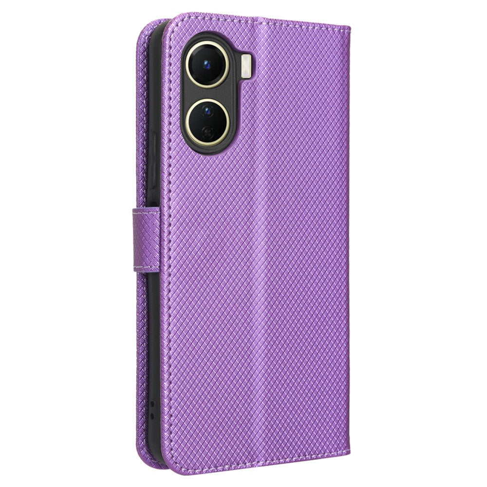 For vivo Y16 4G / Y02s 4G / Y35 5G / Y35m 5G / Y53t 5G / Y56 5G / iQOO Z7i / T2x (India) 5G Diamond Texture Phone Wallet Cover Folio Flip PU Leather+TPU Foldable Stand Case - Purple