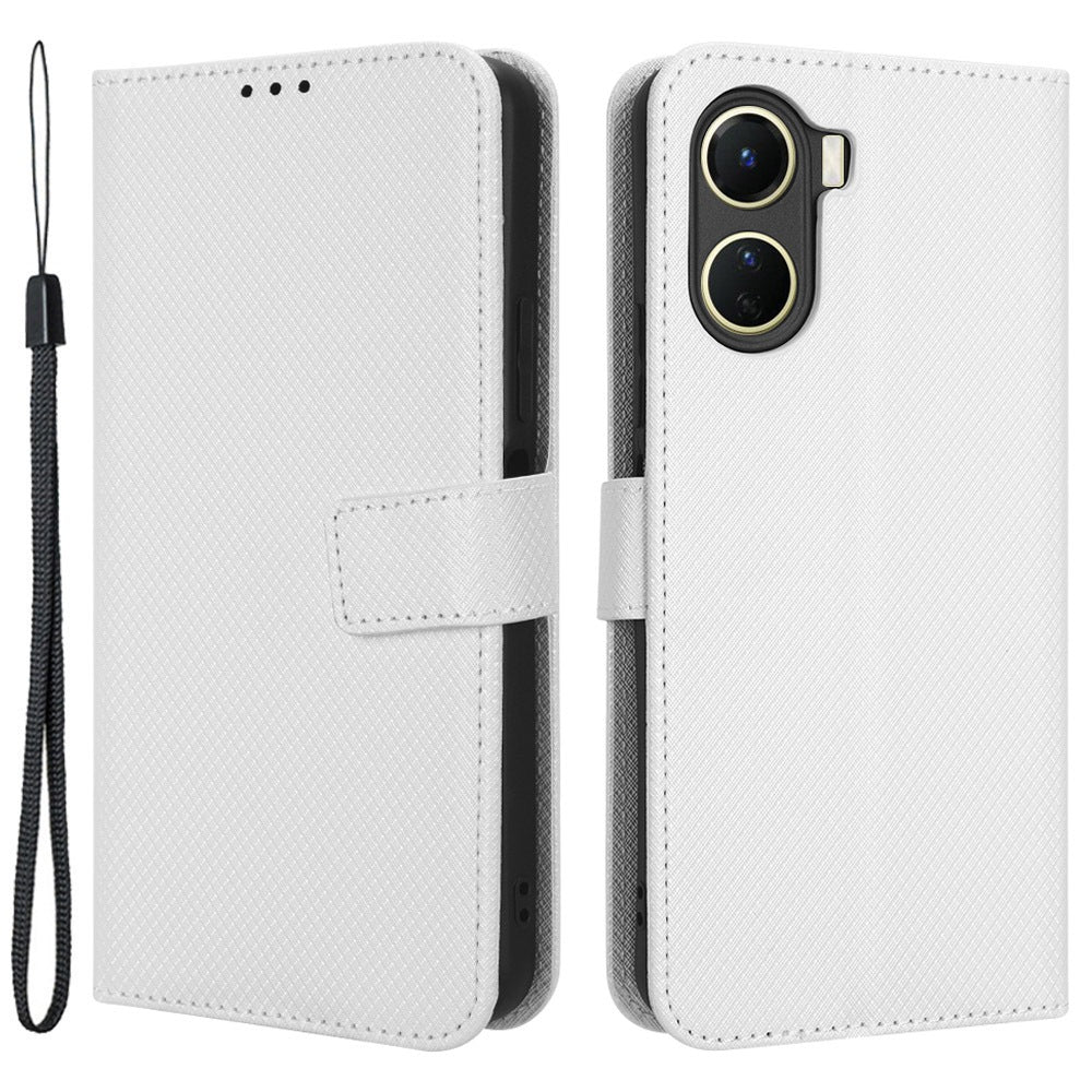 For vivo Y16 4G / Y02s 4G / Y35 5G / Y35m 5G / Y53t 5G / Y56 5G / iQOO Z7i / T2x (India) 5G Diamond Texture Phone Wallet Cover Folio Flip PU Leather+TPU Foldable Stand Case - White