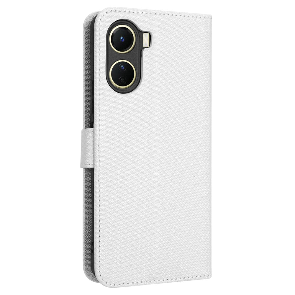 For vivo Y16 4G / Y02s 4G / Y35 5G / Y35m 5G / Y53t 5G / Y56 5G / iQOO Z7i / T2x (India) 5G Diamond Texture Phone Wallet Cover Folio Flip PU Leather+TPU Foldable Stand Case - White