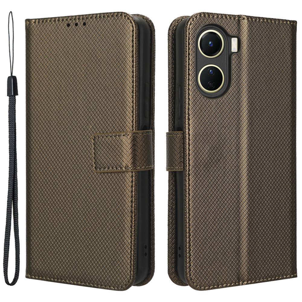 For vivo Y16 4G / Y02s 4G / Y35 5G / Y35m 5G / Y53t 5G / Y56 5G / iQOO Z7i / T2x (India) 5G Diamond Texture Phone Wallet Cover Folio Flip PU Leather+TPU Foldable Stand Case - Brown