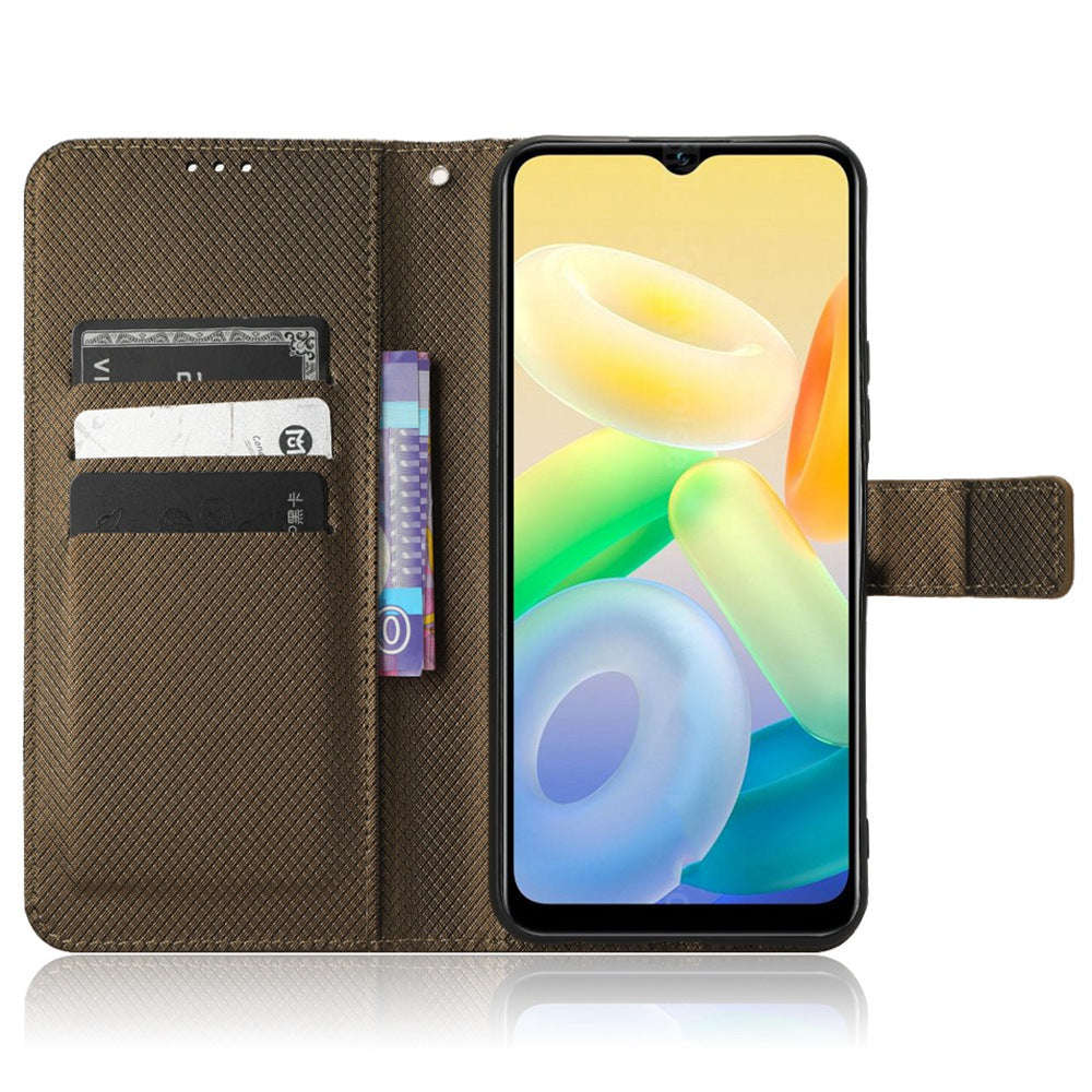 For vivo Y16 4G / Y02s 4G / Y35 5G / Y35m 5G / Y53t 5G / Y56 5G / iQOO Z7i / T2x (India) 5G Diamond Texture Phone Wallet Cover Folio Flip PU Leather+TPU Foldable Stand Case - Brown