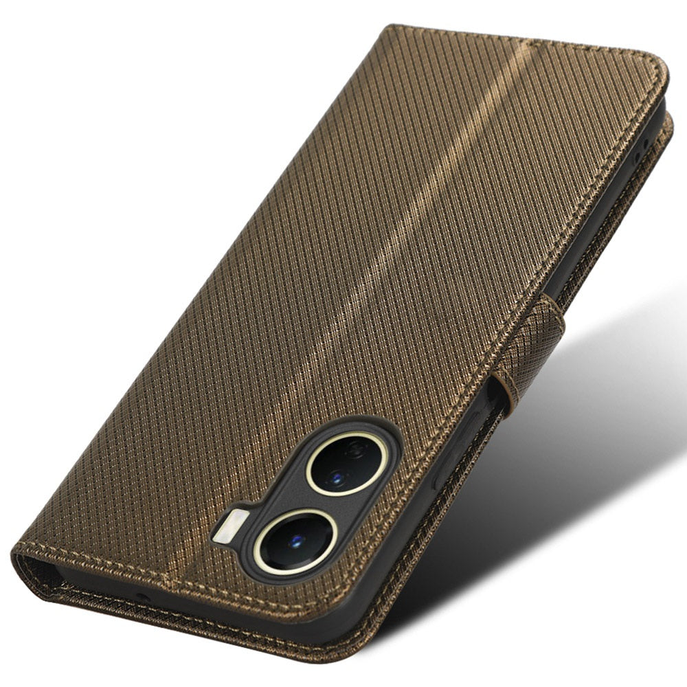 For vivo Y16 4G / Y02s 4G / Y35 5G / Y35m 5G / Y53t 5G / Y56 5G / iQOO Z7i / T2x (India) 5G Diamond Texture Phone Wallet Cover Folio Flip PU Leather+TPU Foldable Stand Case - Brown