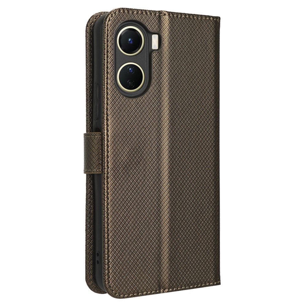 For vivo Y16 4G / Y02s 4G / Y35 5G / Y35m 5G / Y53t 5G / Y56 5G / iQOO Z7i / T2x (India) 5G Diamond Texture Phone Wallet Cover Folio Flip PU Leather+TPU Foldable Stand Case - Brown