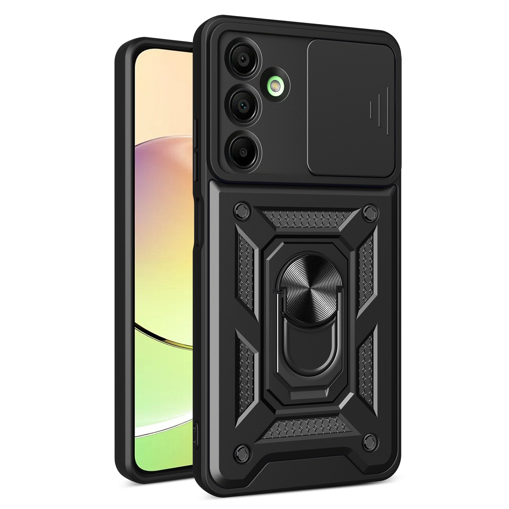 For Samsung Galaxy A16 5G / A16 4G Case with Slide Camera Lid PC+TPU Kickstand Phone Cover - Black