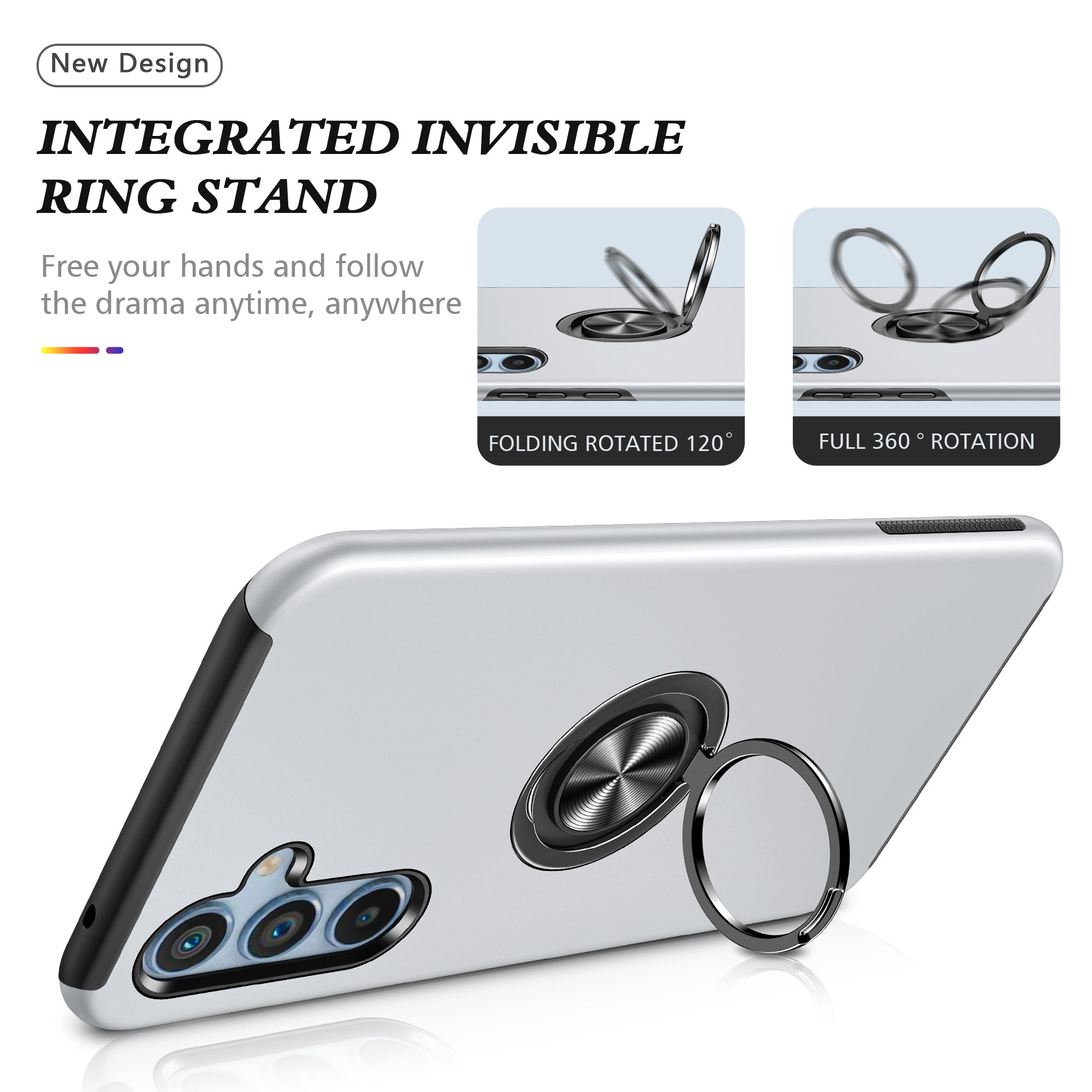 For Samsung Galaxy A16 5G / A16 4G Case PC+TPU Phone Cover with Rotatable Ring Holder - Silver