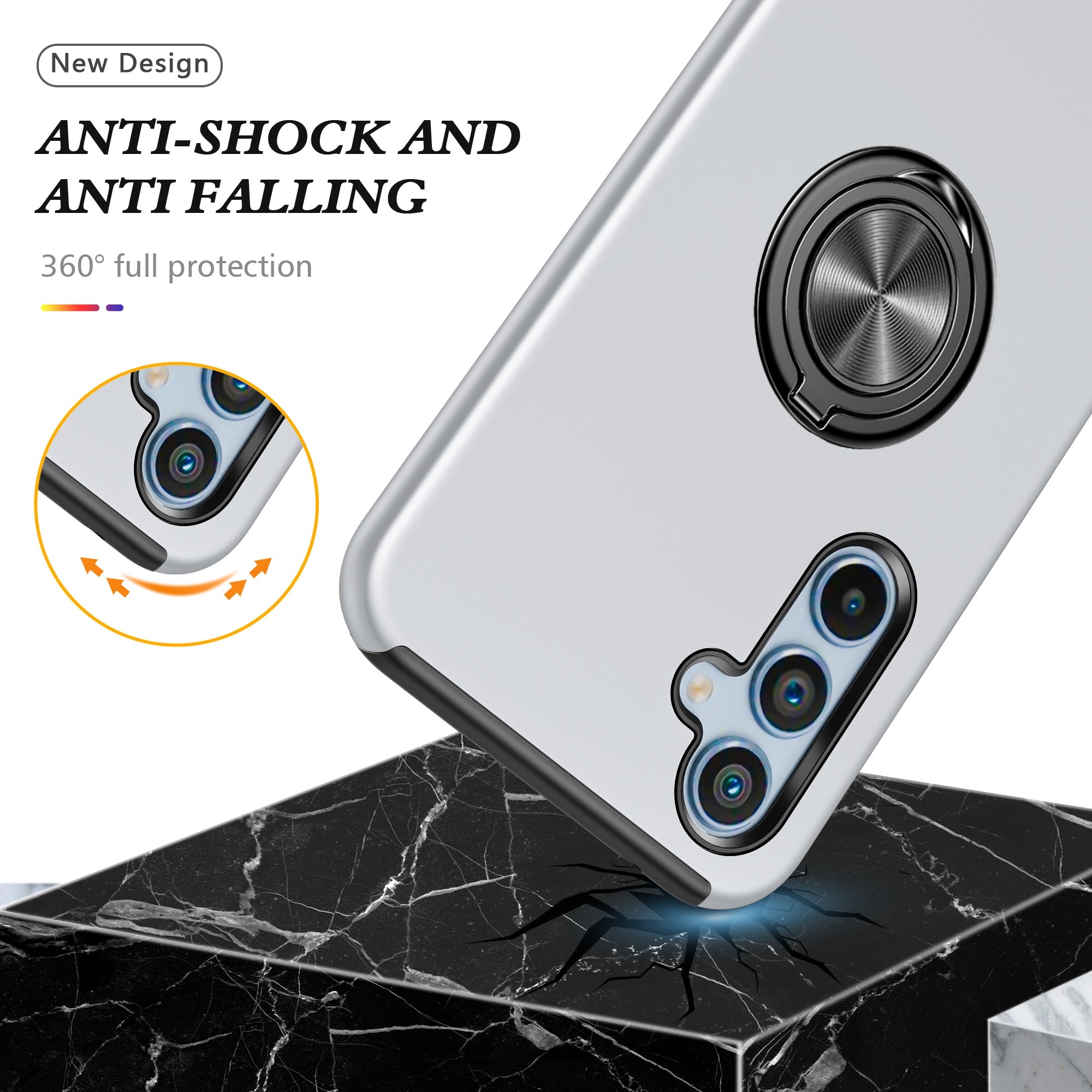 For Samsung Galaxy A16 5G / A16 4G Case PC+TPU Phone Cover with Rotatable Ring Holder - Silver