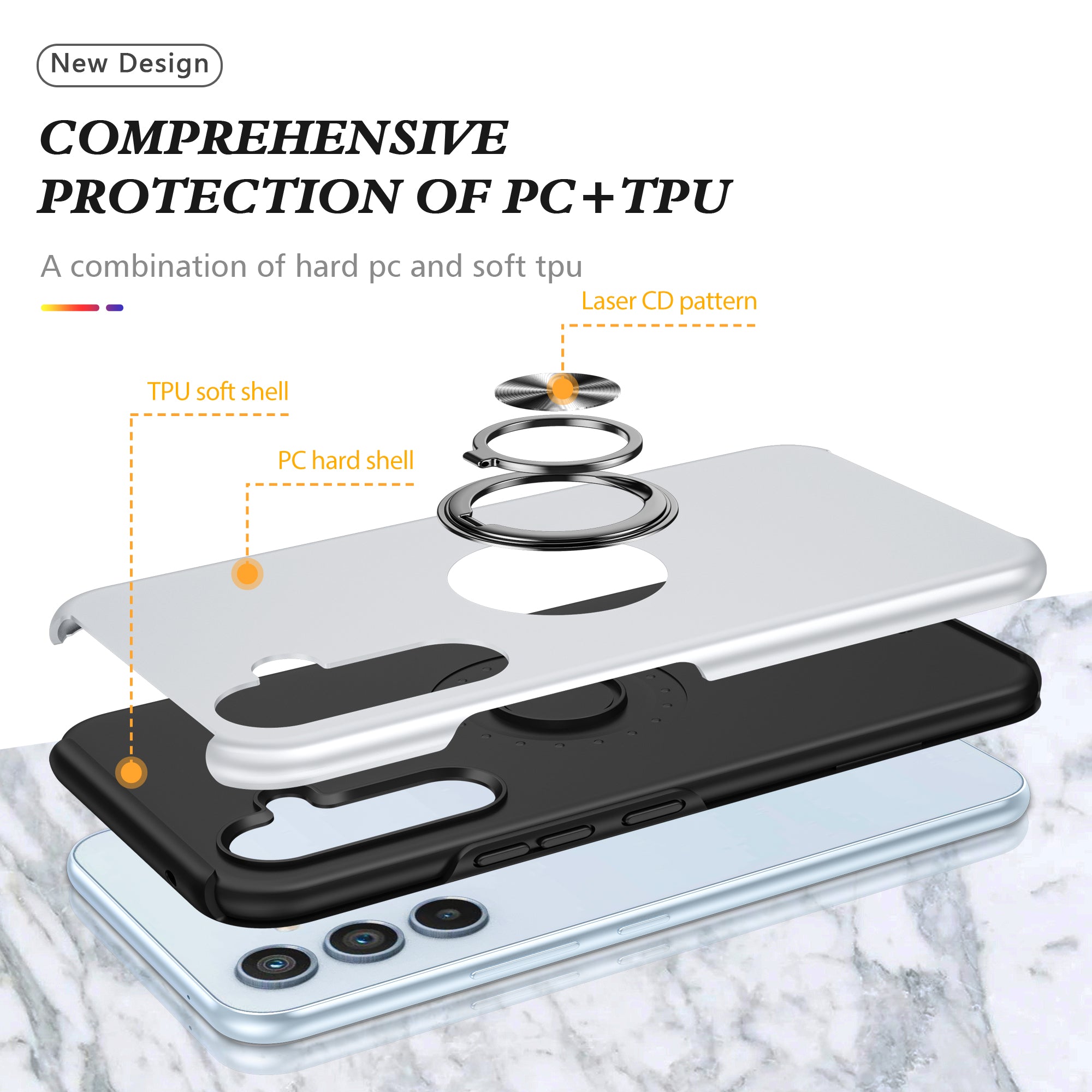 For Samsung Galaxy A16 5G / A16 4G Case PC+TPU Phone Cover with Rotatable Ring Holder - Silver