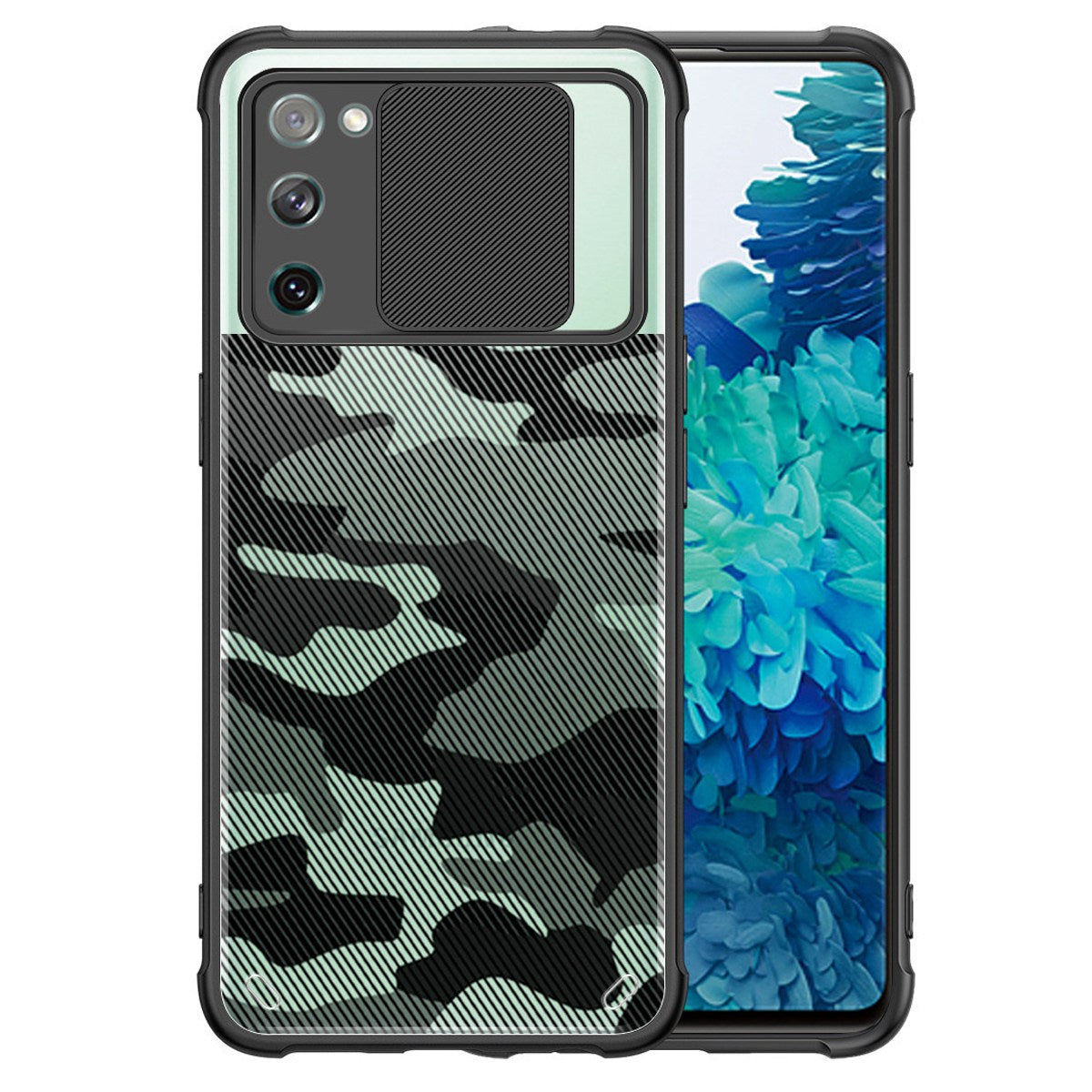 RZANTS For Samsung Galaxy S20 FE 4G / 5G  /  S20 FE 2022 Flexible TPU+Acrylic Phone Case Camouflage Pattern Lens Slide Window Protective Cover - Black