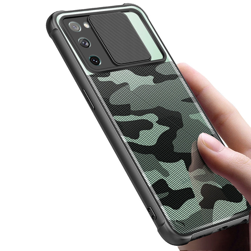 RZANTS For Samsung Galaxy S20 FE 4G / 5G  /  S20 FE 2022 Flexible TPU+Acrylic Phone Case Camouflage Pattern Lens Slide Window Protective Cover - Black