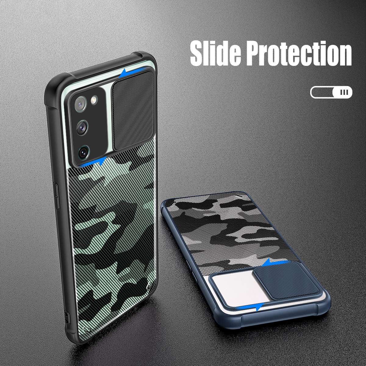 RZANTS For Samsung Galaxy S20 FE 4G / 5G  /  S20 FE 2022 Flexible TPU+Acrylic Phone Case Camouflage Pattern Lens Slide Window Protective Cover - Black