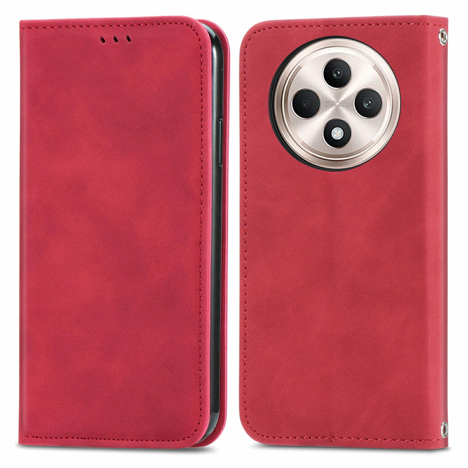 For Oppo F27 5G Case Skin Touch Feeling Card Slot Leather Phone Cover Stand Magnetic Absorption - Red