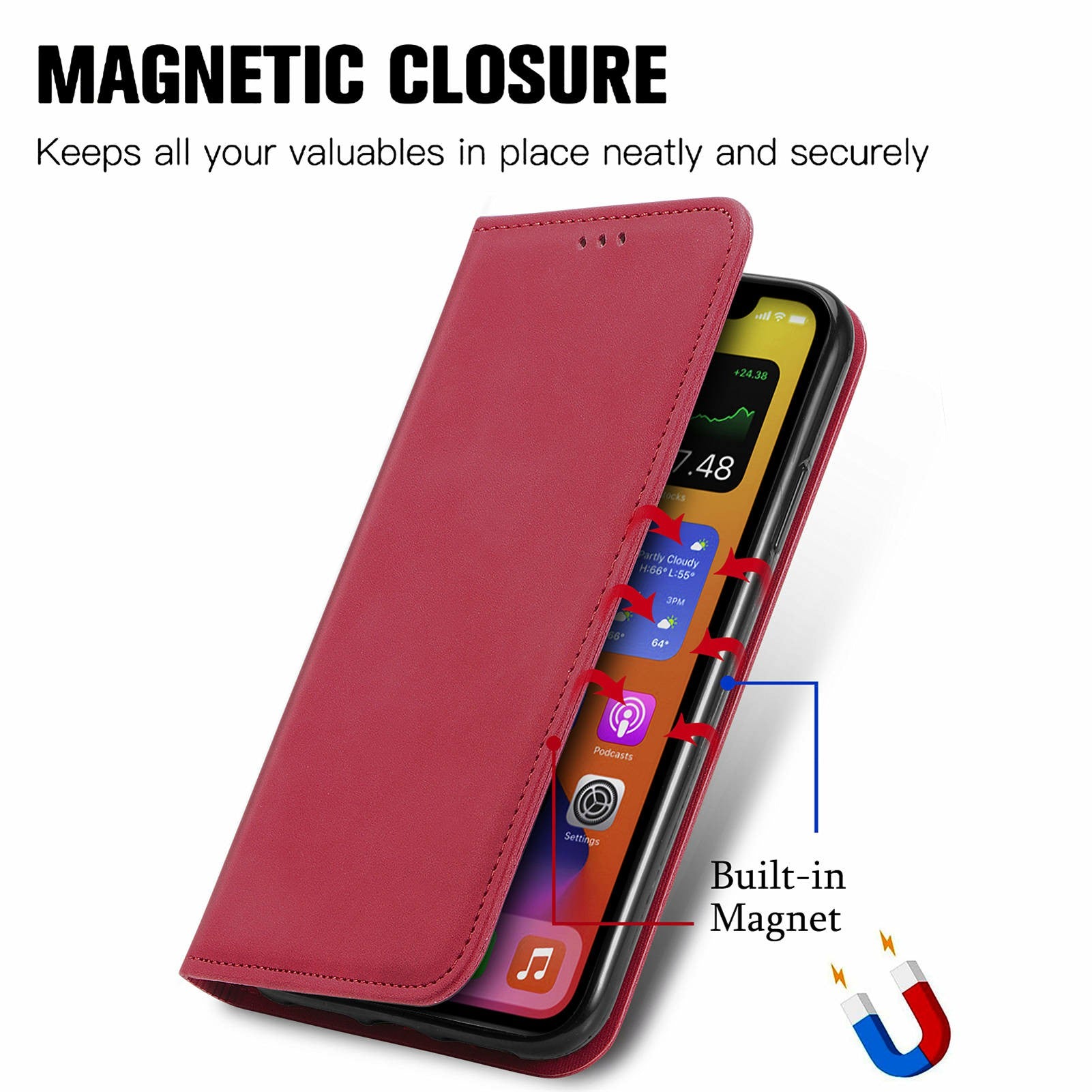 For Oppo F27 5G Case Skin Touch Feeling Card Slot Leather Phone Cover Stand Magnetic Absorption - Red