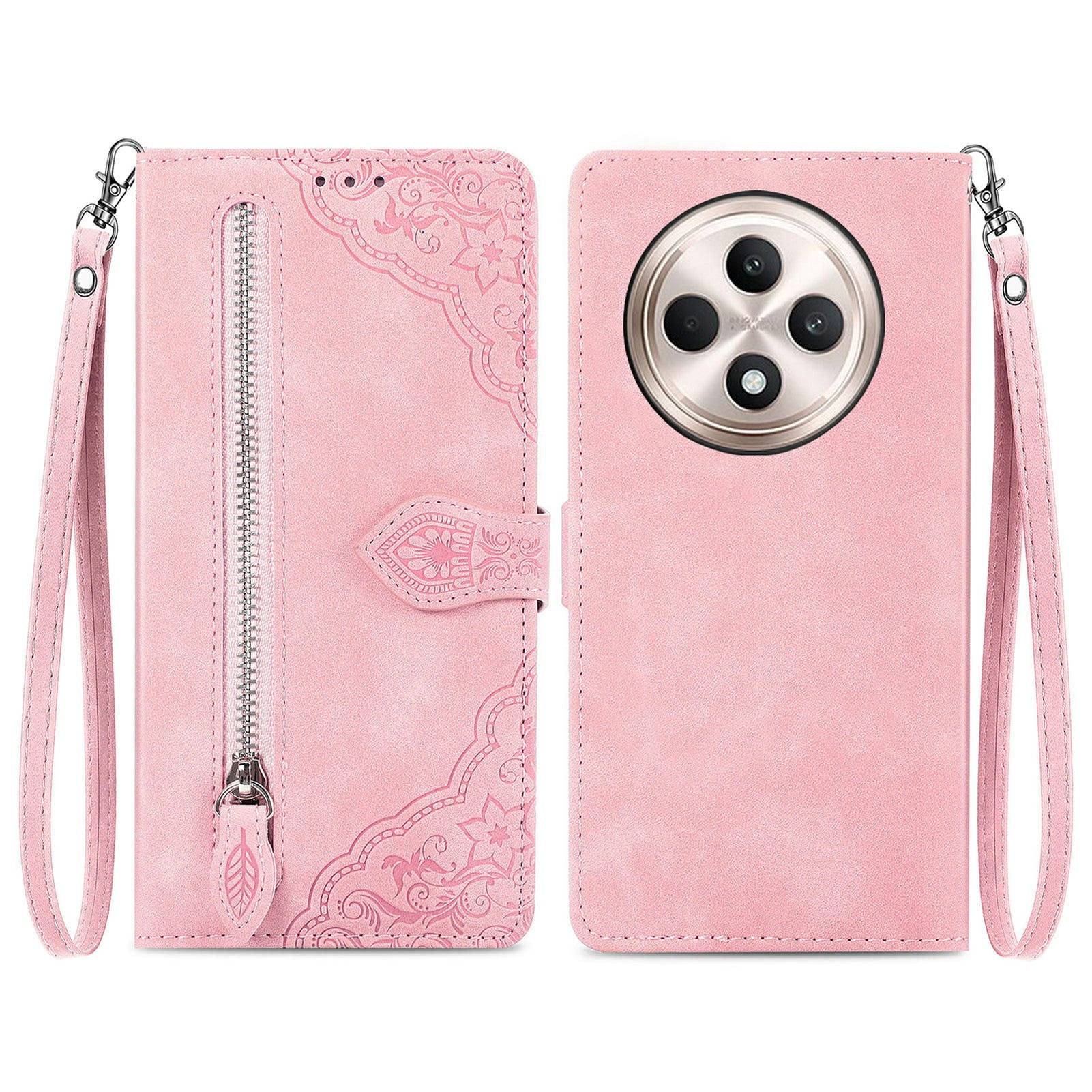 For Oppo F27 5G Case Zipper Wallet PU Leather Flower Imprint Phone Cover - Pink