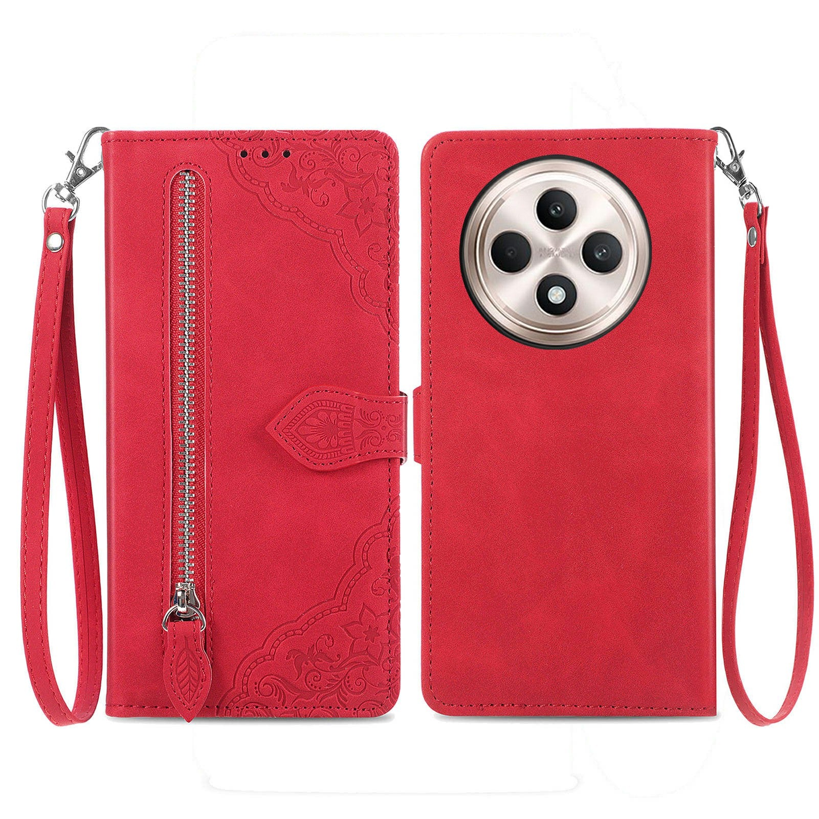 For Oppo F27 5G Case Zipper Wallet PU Leather Flower Imprint Phone Cover - Red