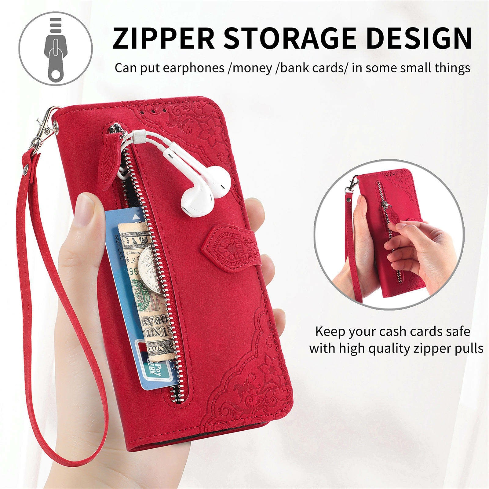 For Oppo F27 5G Case Zipper Wallet PU Leather Flower Imprint Phone Cover - Red