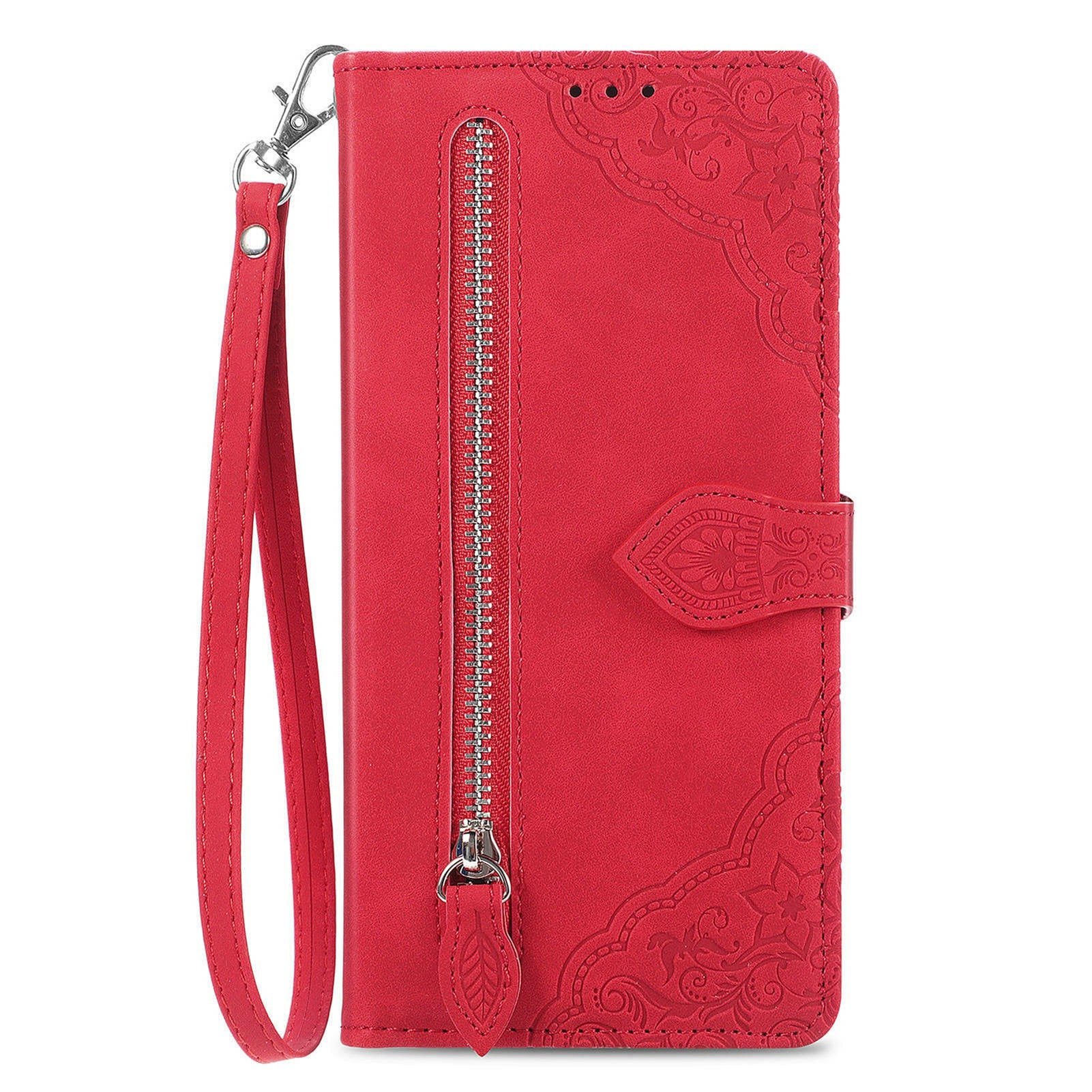 For Oppo F27 5G Case Zipper Wallet PU Leather Flower Imprint Phone Cover - Red