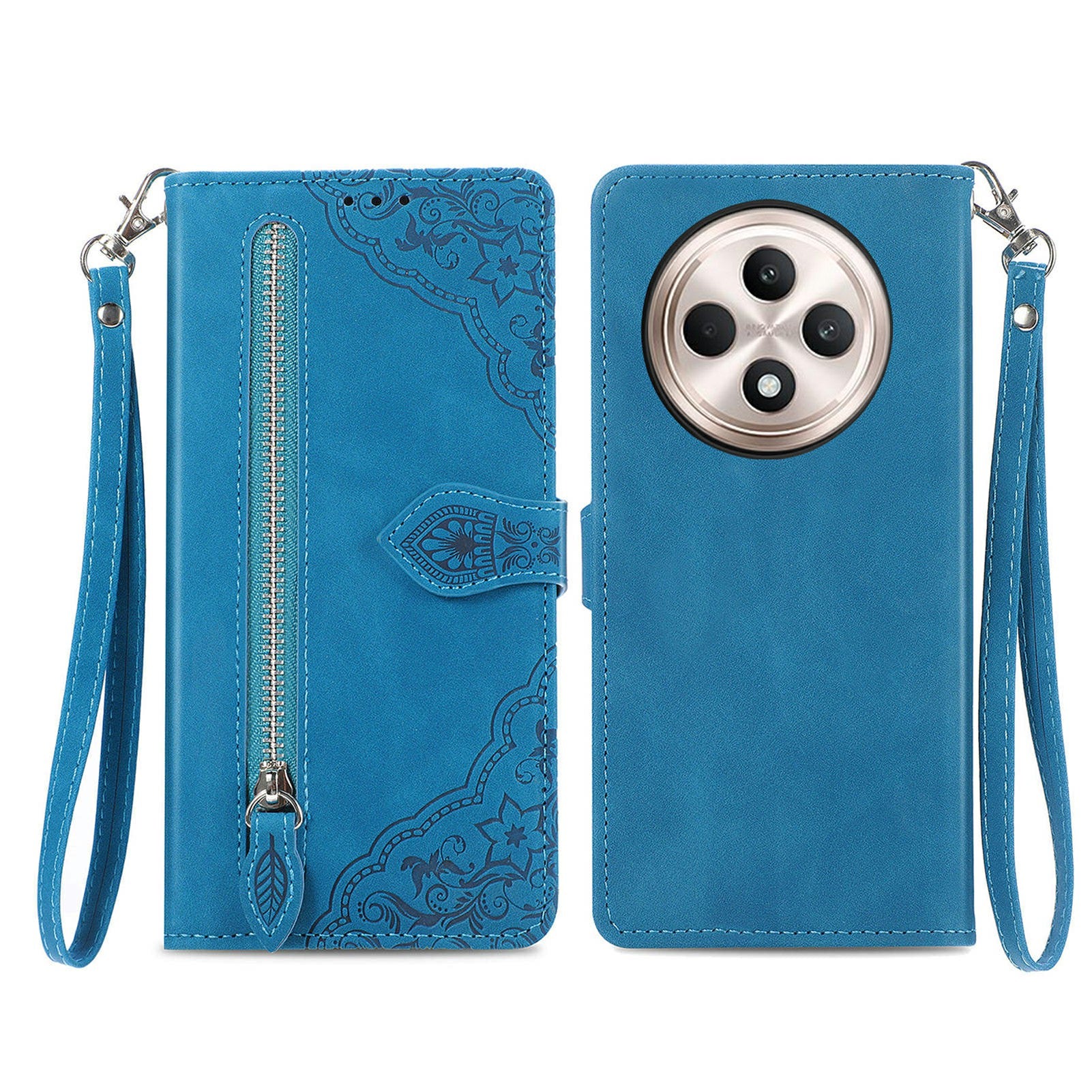 For Oppo F27 5G Case Zipper Wallet PU Leather Flower Imprint Phone Cover - Blue