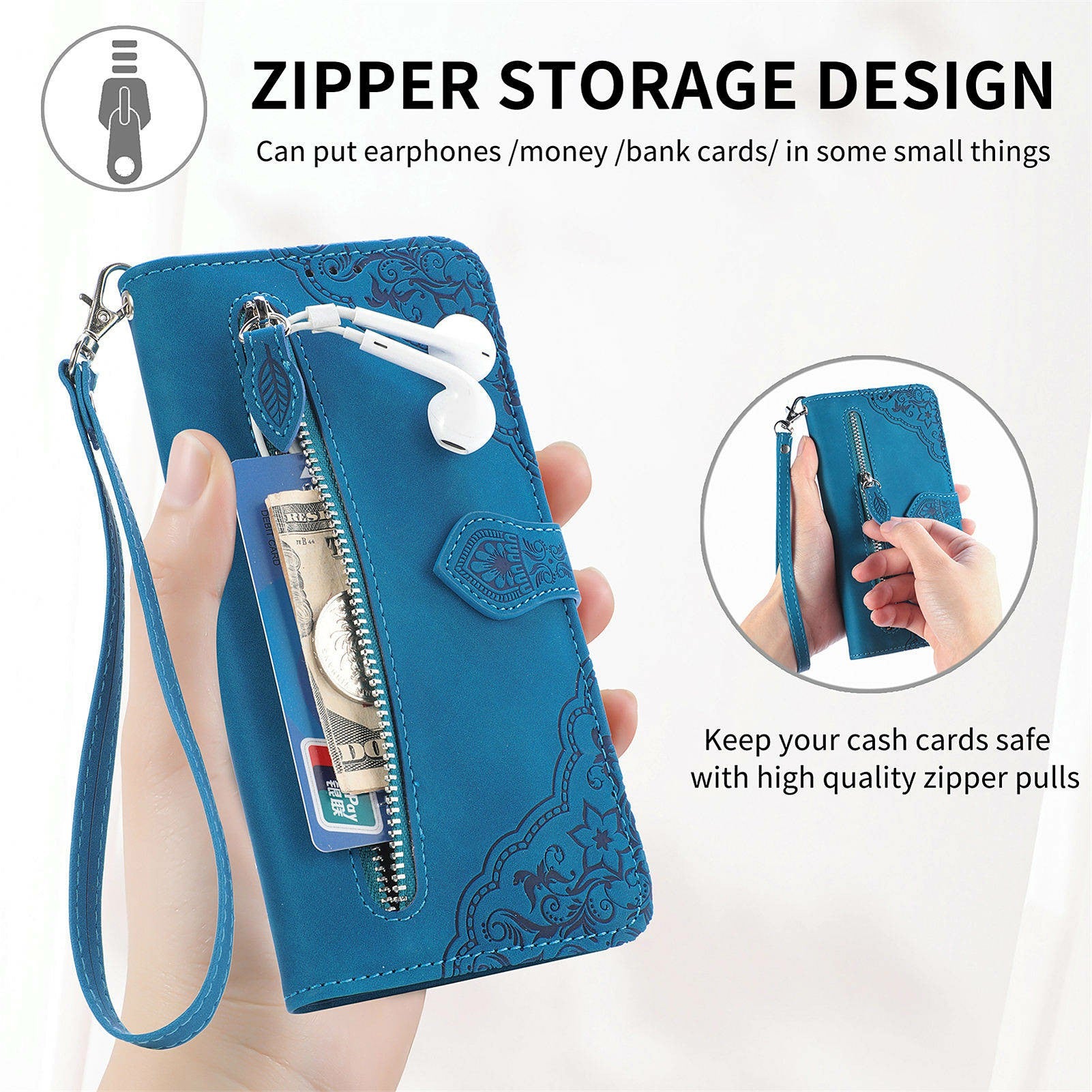 For Oppo F27 5G Case Zipper Wallet PU Leather Flower Imprint Phone Cover - Blue