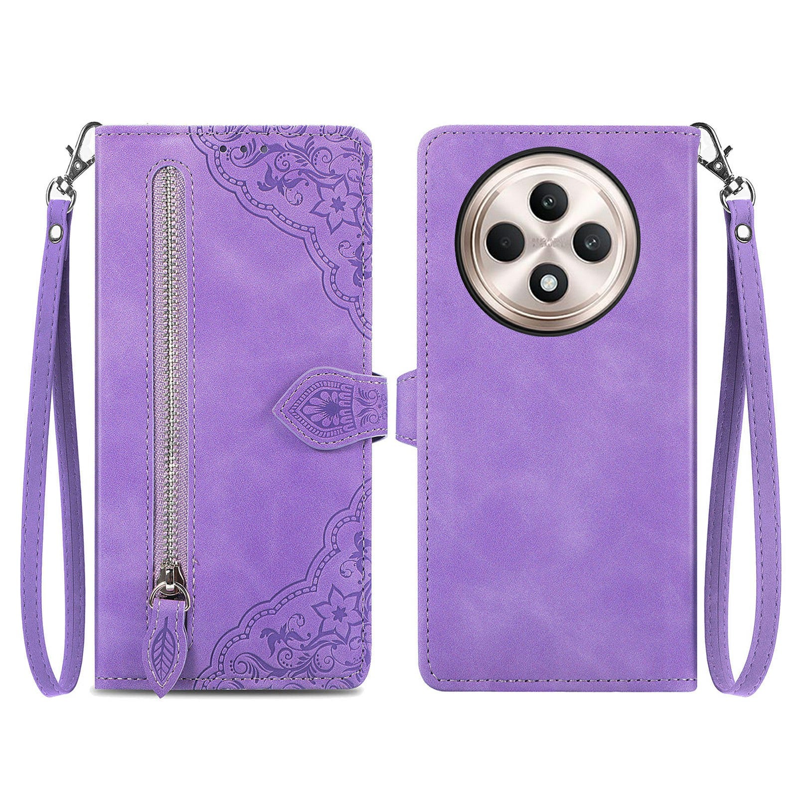 For Oppo F27 5G Case Zipper Wallet PU Leather Flower Imprint Phone Cover - Light Purple