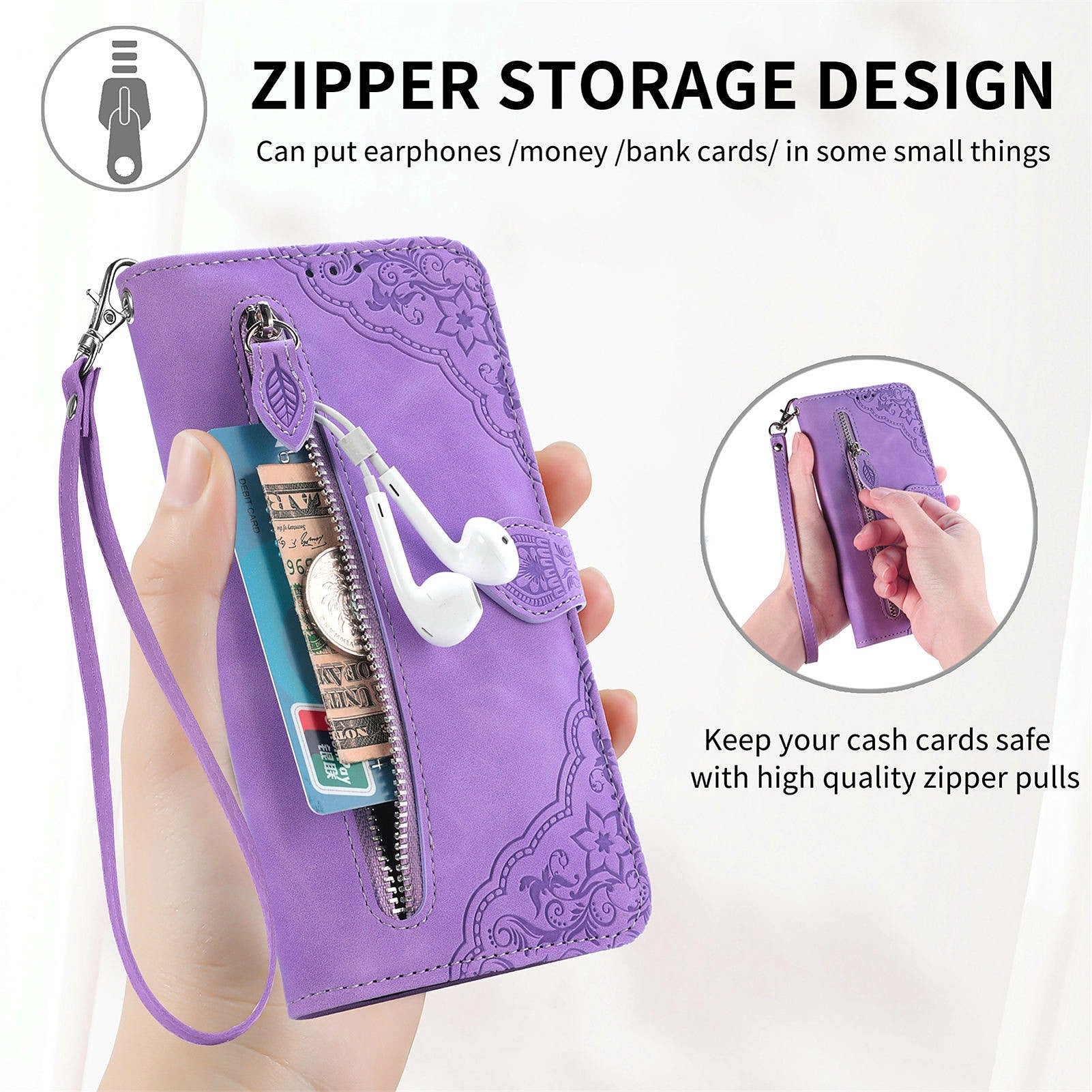 For Oppo F27 5G Case Zipper Wallet PU Leather Flower Imprint Phone Cover - Light Purple