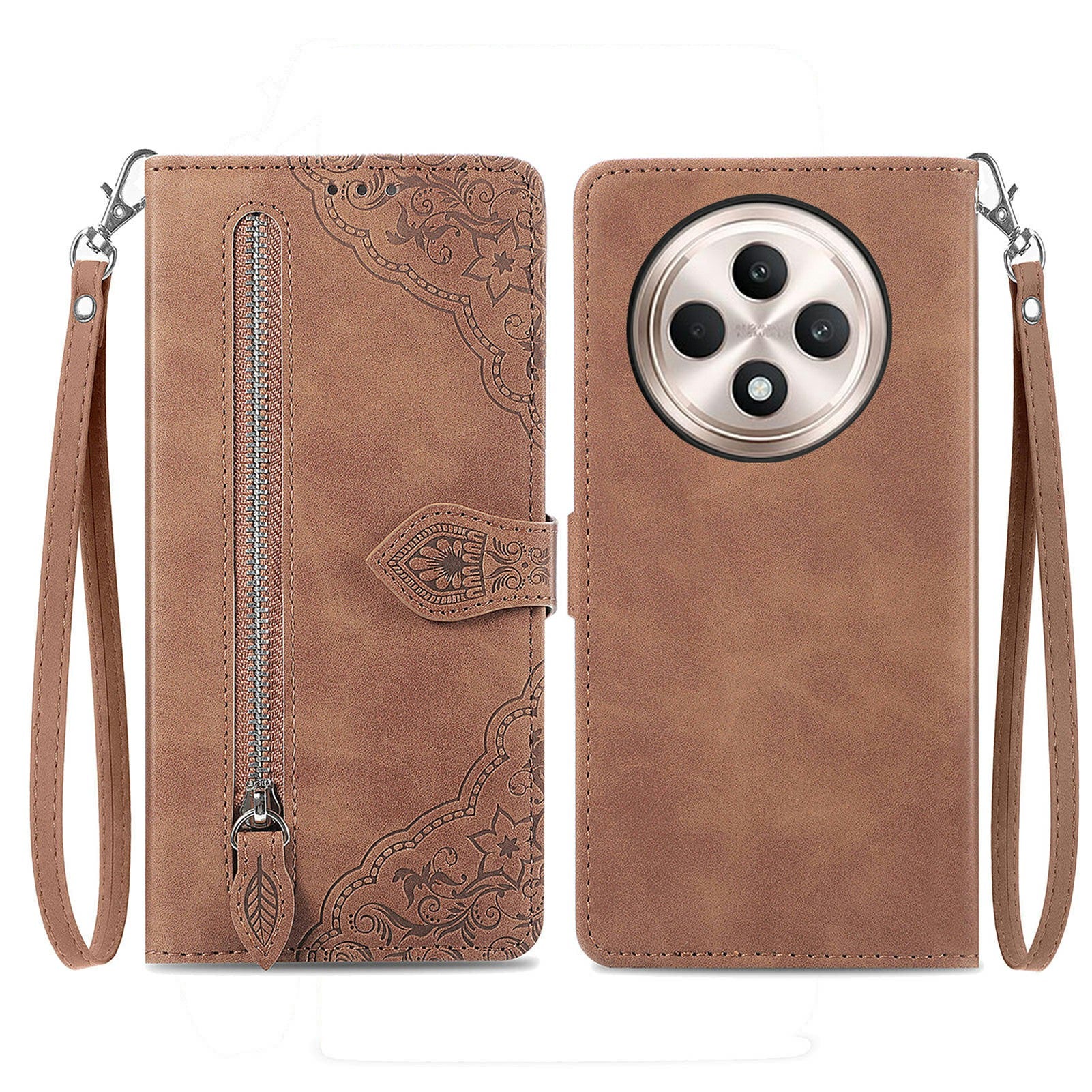 For Oppo F27 5G Case Zipper Wallet PU Leather Flower Imprint Phone Cover - Brown