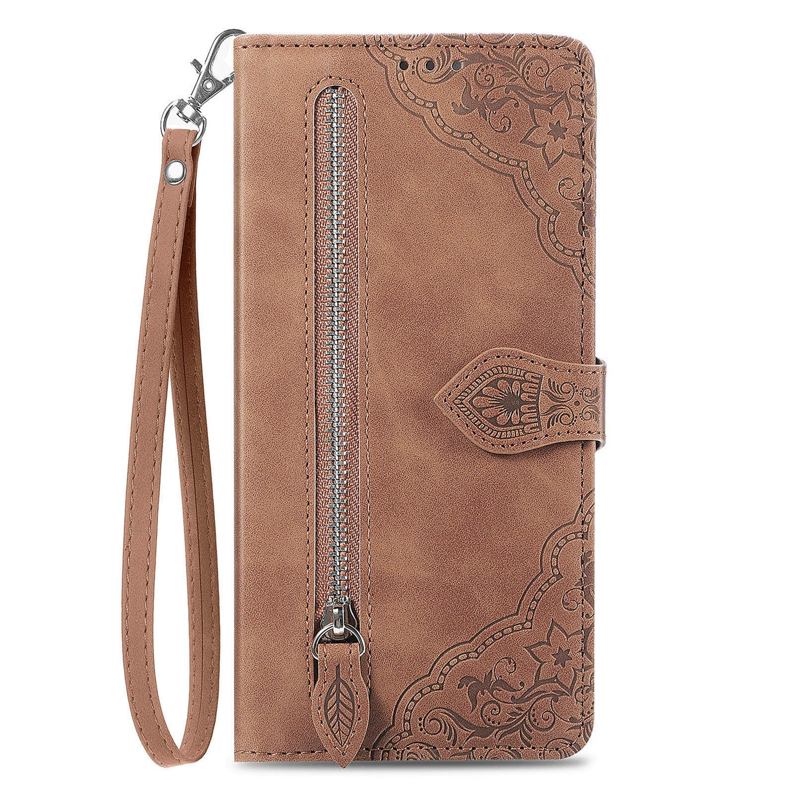 For Oppo F27 5G Case Zipper Wallet PU Leather Flower Imprint Phone Cover - Brown