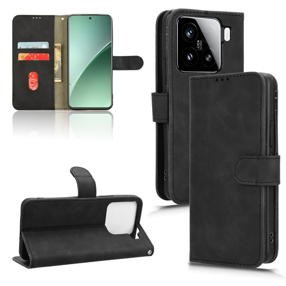 For Xiaomi 15 Leather Case Skin-Feel Anti-Drop Wallet Flip Phone Cover - Black