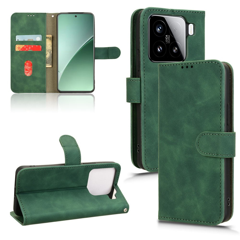 For Xiaomi 15 Leather Case Skin-Feel Anti-Drop Wallet Flip Phone Cover - Green