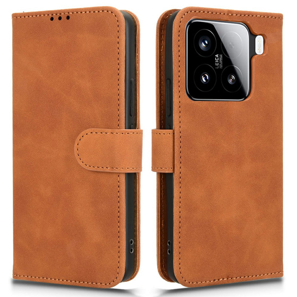 For Xiaomi 15 Leather Case Skin-Feel Anti-Drop Wallet Flip Phone Cover - Brown