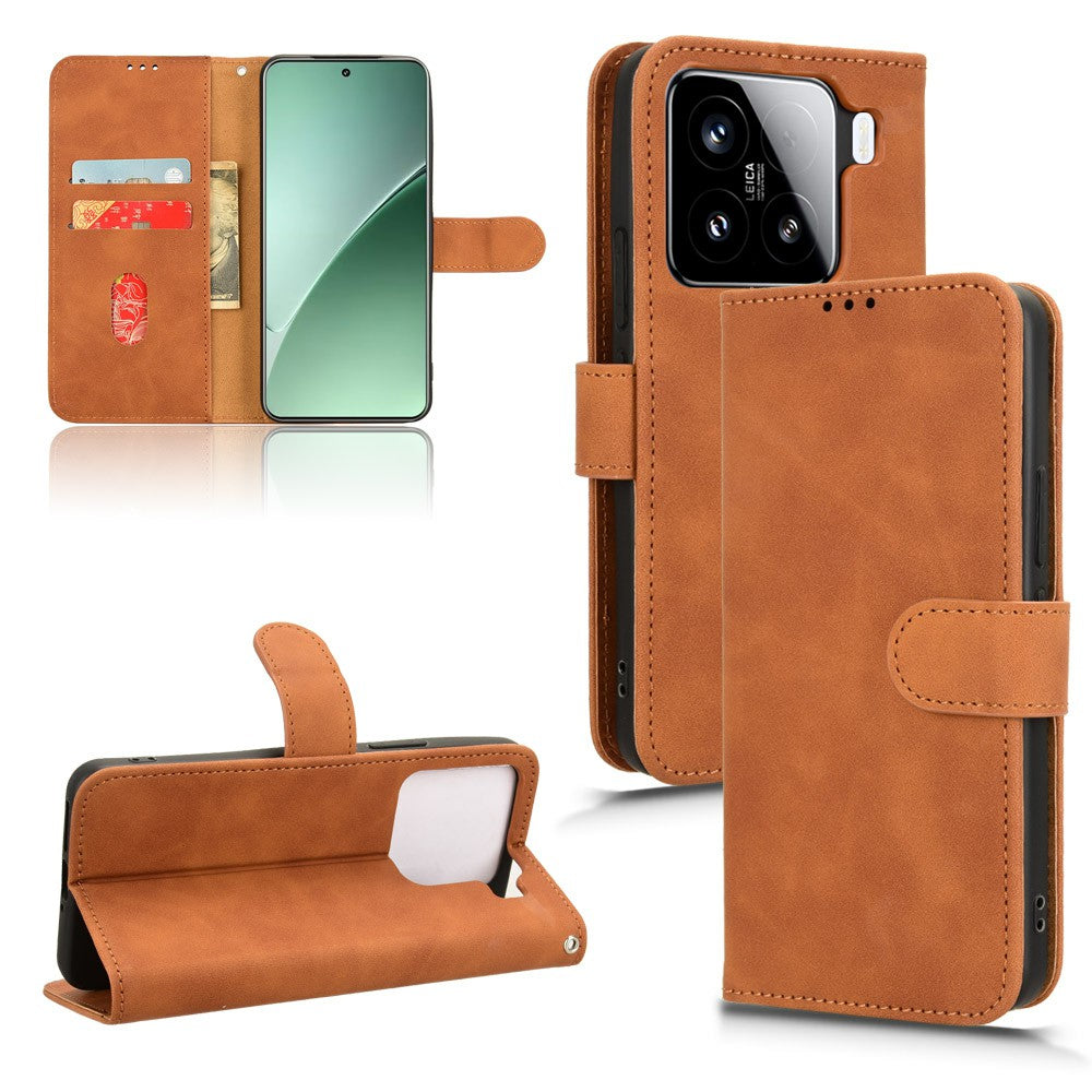 For Xiaomi 15 Leather Case Skin-Feel Anti-Drop Wallet Flip Phone Cover - Brown