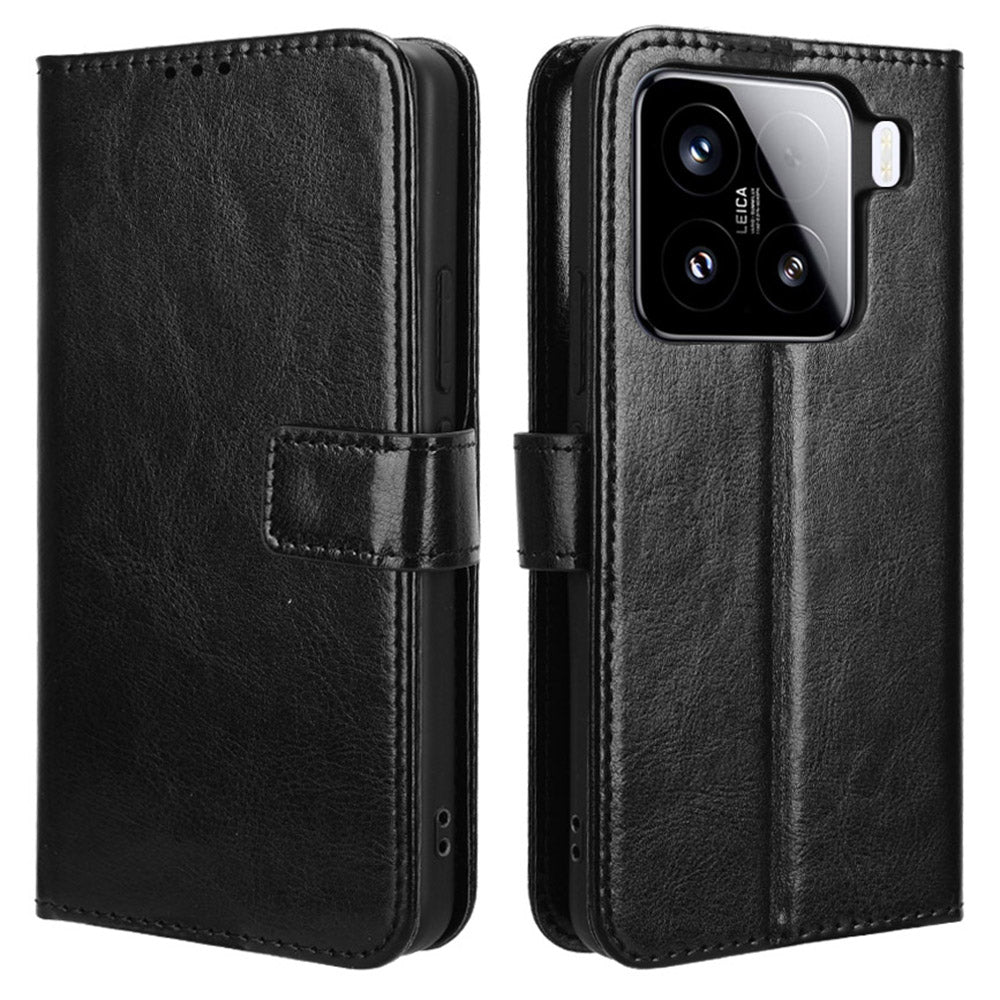 For Xiaomi 15 Pro Case Crazy Horse Texture PU Leather Phone Wallet Cover - Black