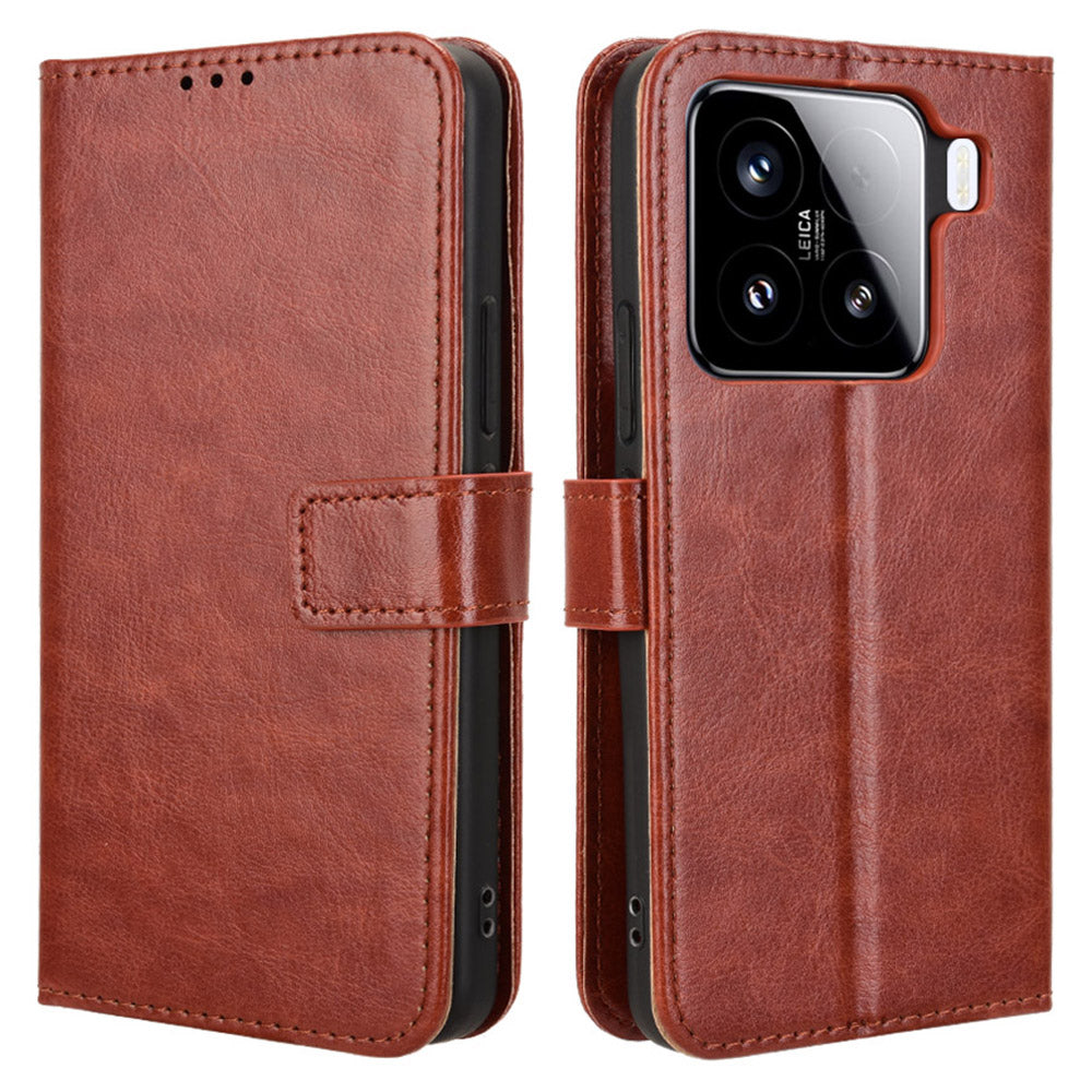 For Xiaomi 15 Pro Case Crazy Horse Texture PU Leather Phone Wallet Cover - Brown