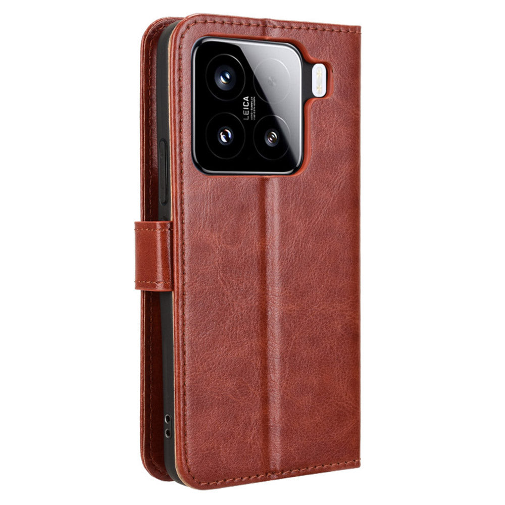 For Xiaomi 15 Pro Case Crazy Horse Texture PU Leather Phone Wallet Cover - Brown