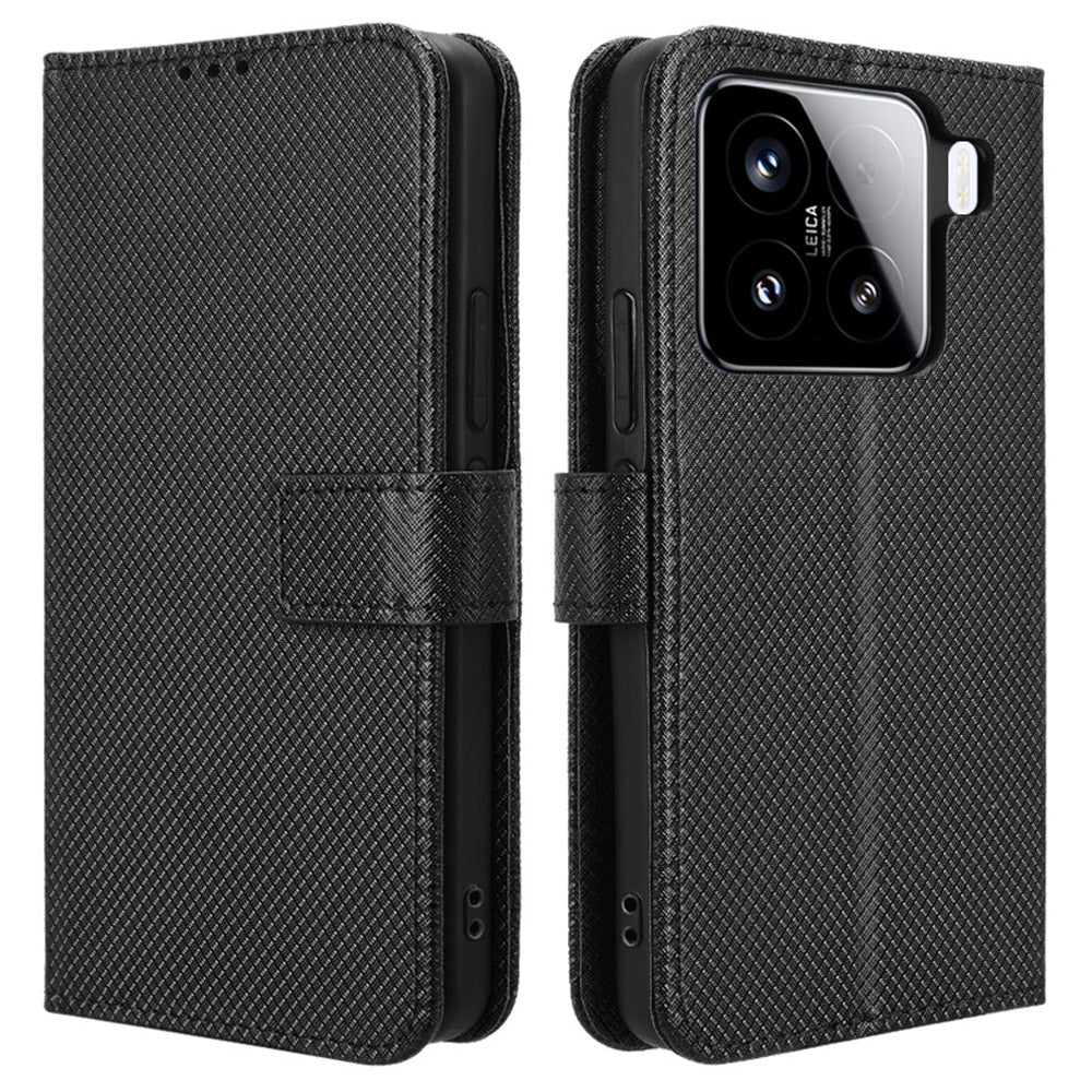 For Xiaomi 15 Pro Case PU Leather Diamond Texture Wallet Phone Cover - Black