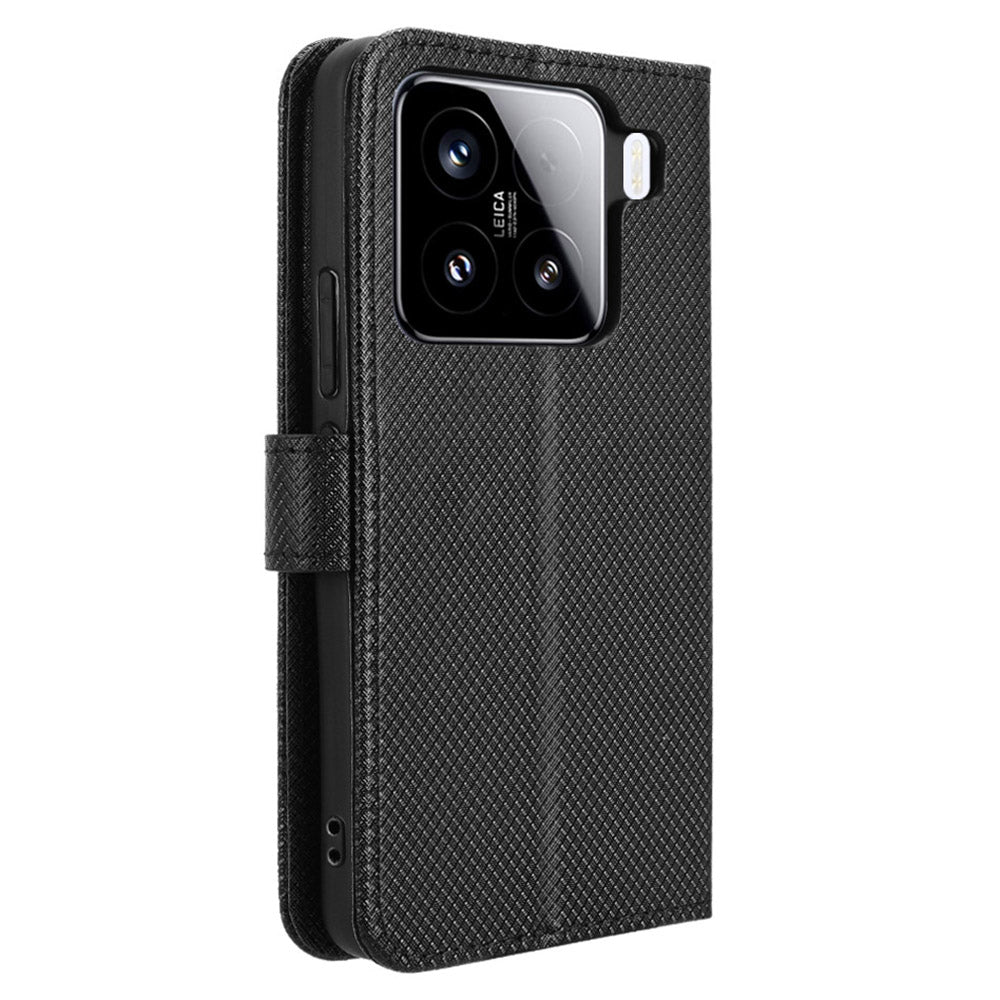 For Xiaomi 15 Pro Case PU Leather Diamond Texture Wallet Phone Cover - Black