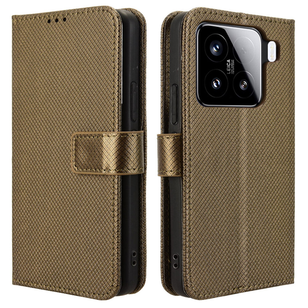 For Xiaomi 15 Pro Case PU Leather Diamond Texture Wallet Phone Cover - Brown