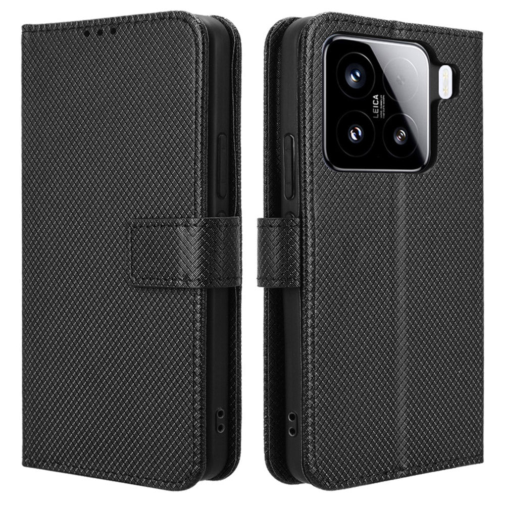 For Xiaomi 15 Case PU Leather Diamond Texture Wallet Phone Cover - Black